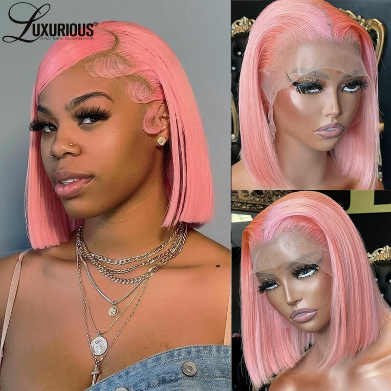 Krótkie proste różowe peruki Bob 13 × 4 wstępnie oskubane HD przezroczysta koronkowa peruka na przód brazylijska peruka z ludzkich włosów Remy dla czarnych kobiet