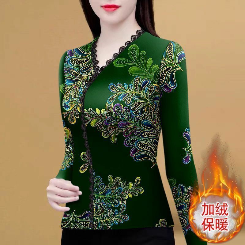 Kemeja Pullover V-neck wanita, atasan kasual leher V lengan panjang bercetak bawahan musim gugur dan dingin untuk perempuan