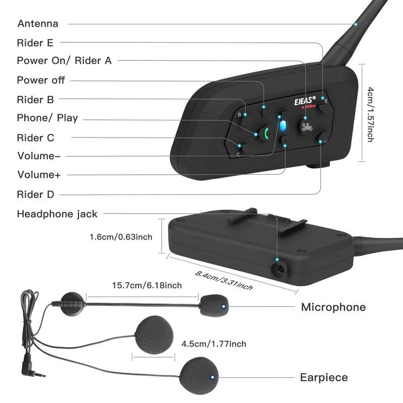 Ejeas v6 pro motorrad helm headset bluetooth intercom kommunikator 800m für 2 fahrer ip65 wasserdichte musik sprechanlage