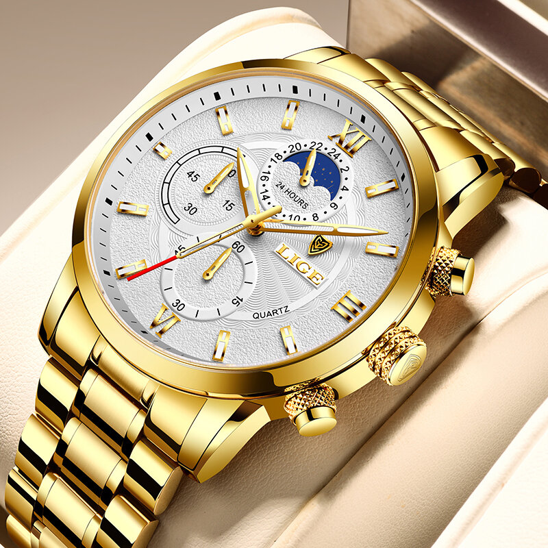 LIGE 2023 nowy zegarek biznesowy mężczyźni Top marka luksusowe męskie zegarki ze stali nierdzewnej wodoodporny sport kwarcowy z chronografem zegarek
