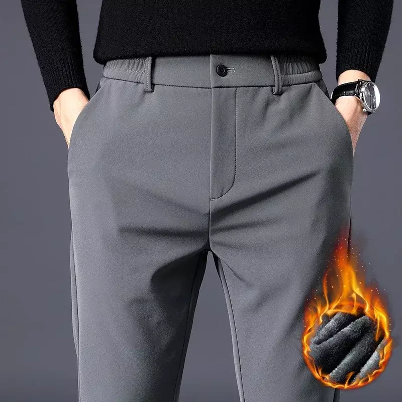 ฤดูใบไม้ร่วงกางเกงฤดูหนาว Thicken ขนแกะอุ่นเอวกลางแจ้ง Sweatpants แฟชั่น Slim สีเทาชุดกางเกงชาย