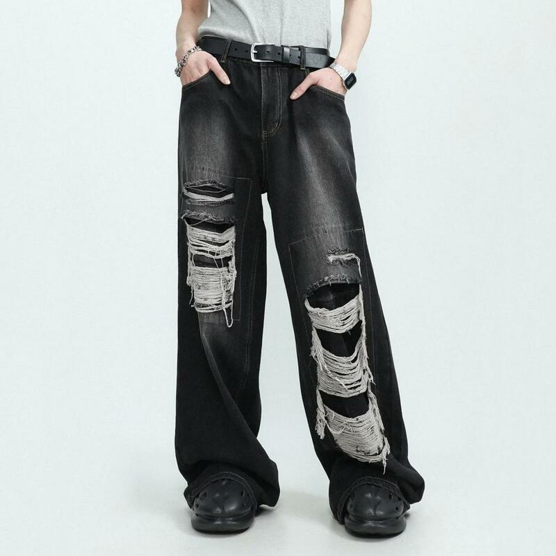 Jeans Vintage wanita, jins Gotik pinggang tinggi kaki lebar dengan lubang robek gaya Hip Hop menampilkan warna Solid untuk