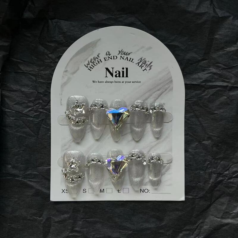 10pcs Handmade Glitter Wearable Press On Nails Cat Eye Almond Ballet Design Fake Nail Full Cover Artificial Manicuree Nail Tips