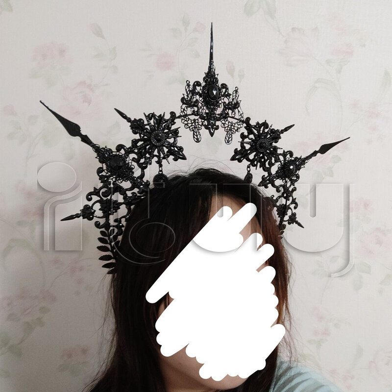 Fatto a mano Gothic Lolita Pearl Sun Virgin Cross Crown Punk Headpiece Black Spiked KC Halo Headband