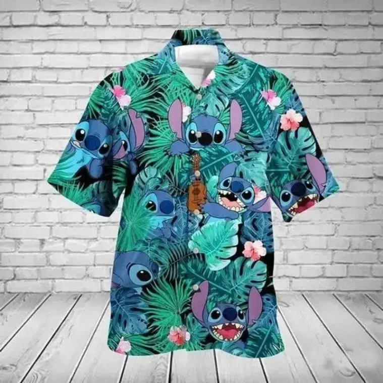 Camiseta Hawaiana de puntada para hombre y mujer, camisa Vintage con botones de Disney para playa, Verano