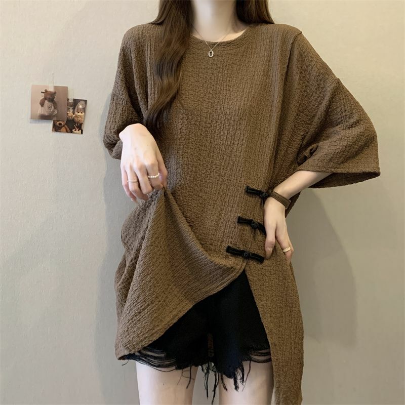 Fashion O-Neck Asymmetrical Button Slit Casual Blouses Female Clothing 2024 Summer New Loose Solid Color Tops All-match Shirts