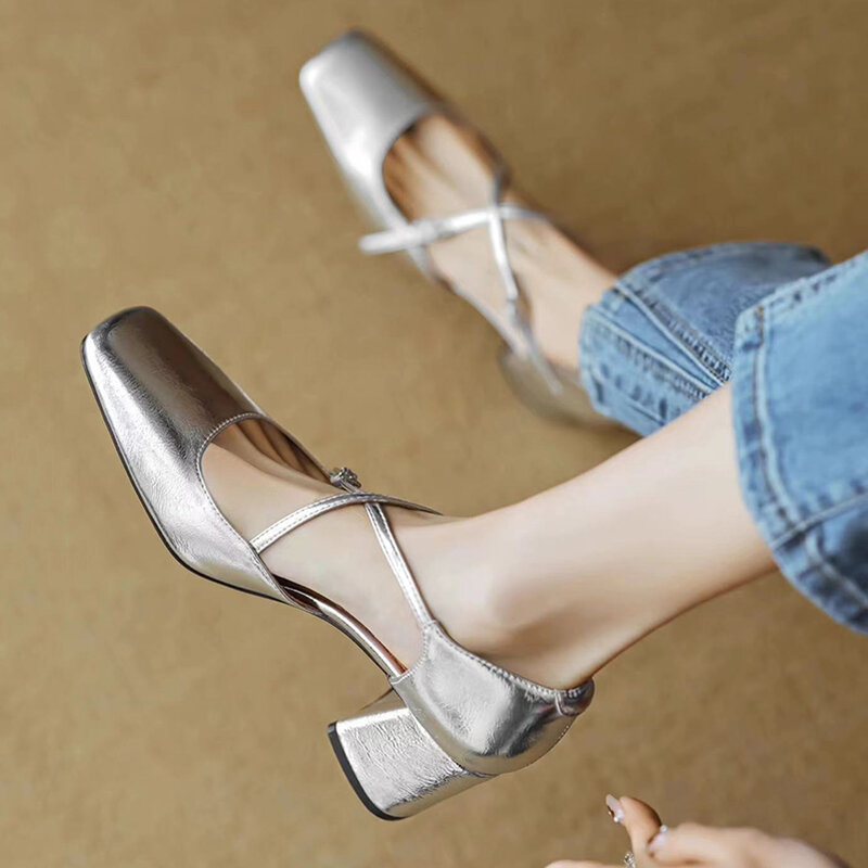 2024 new summer women pumps Square Toe Leather Silver Buckle Strap Mary Janes Shoes Elegant French Style party dress shoes