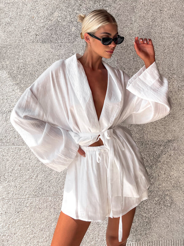 Marthaqiqi-Camisón blanco para mujer, traje de manga larga con cuello vuelto, albornoz, pantalones cortos de pijama con cordones, conjunto de camisón informal para mujer