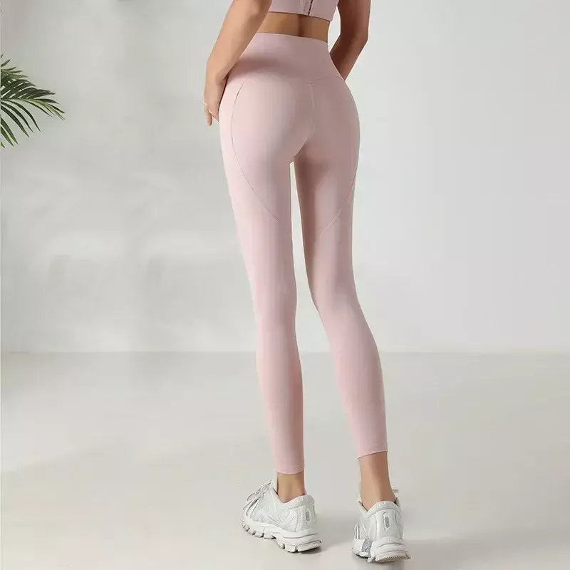 Nowe brzoskwiniowe spodnie do jogi w kolorze nude bez zawstydzającej linii, elastyczne spodnie fitness z wysokim stanem i biodrami