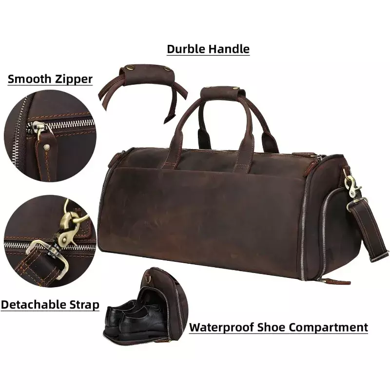 Grain Leather Travel Weekender Overnight Large Duffel Bag 2 in 1 Hanging Suitcase Suit Travel Bags for Men
