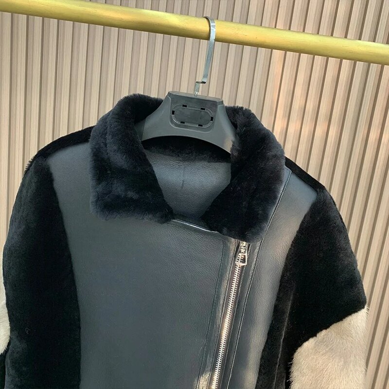 Abrigo de piel de oveja para mujer, chaqueta de piel de oveja Real con manga de piel de visón Real, ropa de motocicleta femenina, invierno, nuevo