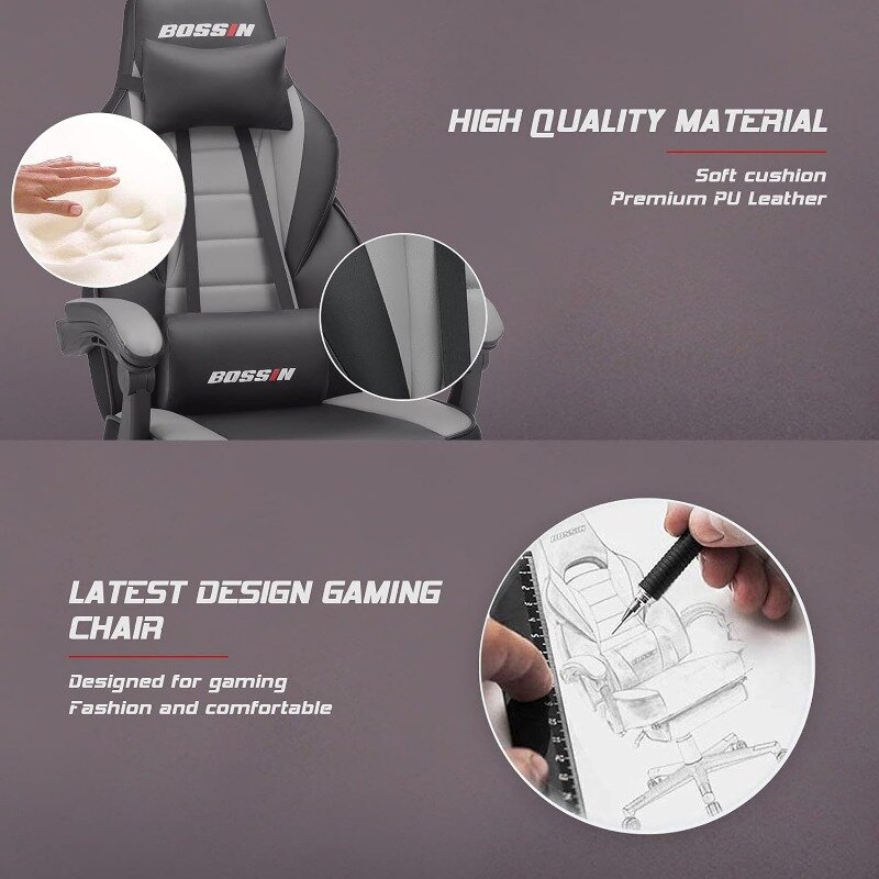 BOSSIN-Cadeira de jogos com massagem, design ergonômico resistente, apoio para os pés e apoio lombar, almofada de tamanho grande