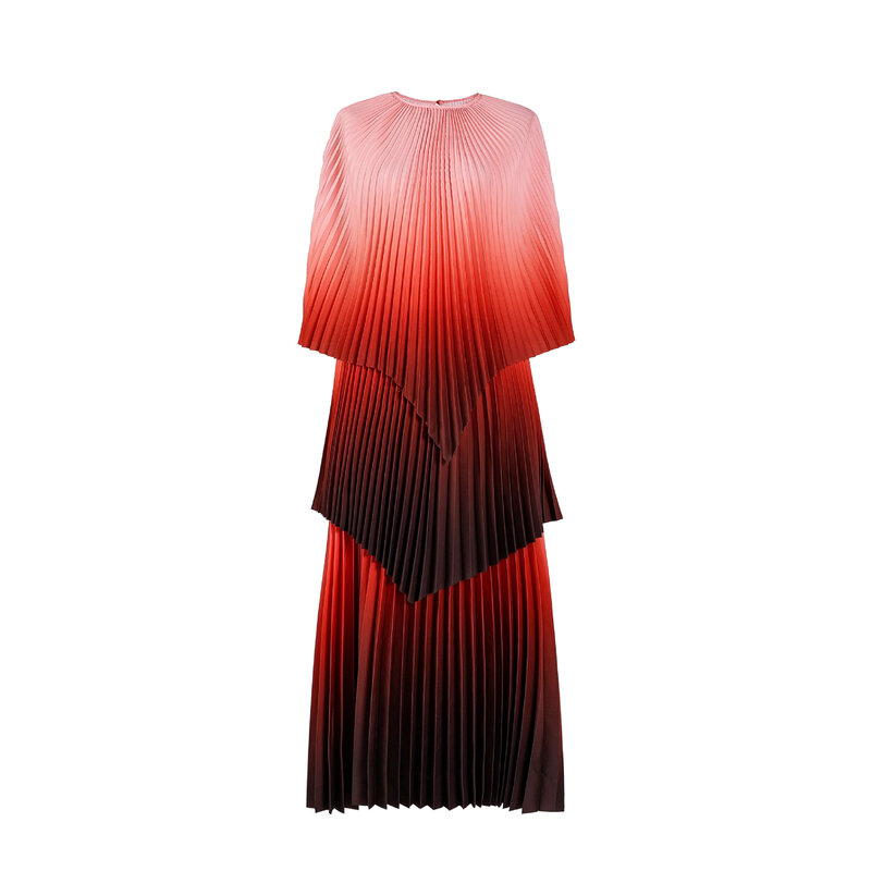 미야케 패션 여성 의류 투피스 세트, 그라데이션 기질 프린트 숄 탑 + 루즈 플리츠 스커트 세트, 2024 여름 신상