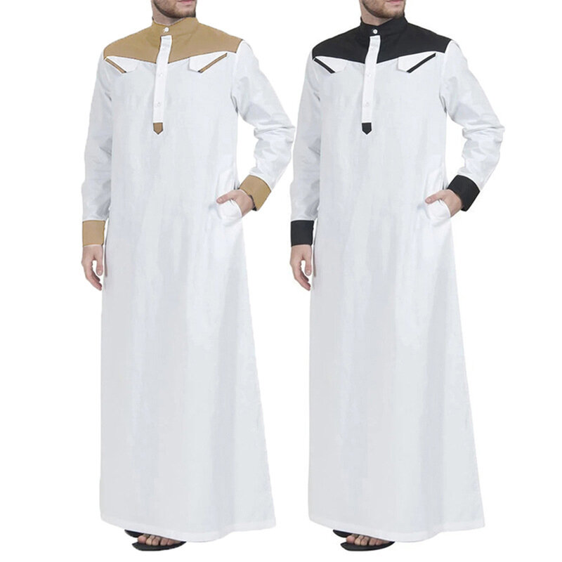 Thobe Kaftan musulmán suelto para hombre, túnica larga con cuello de pie de manga completa, moda árabe, Jubba, Dishdas, ropa superior