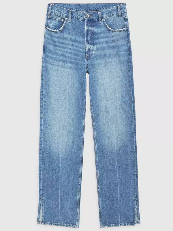 Jeans feminino de cintura alta de perna larga com bolsos de zíper, calça jeans reta dividida, 100% algodão, novo, primavera