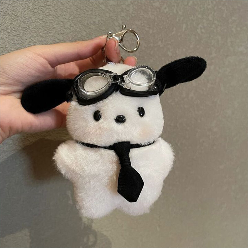 Kawaii Pilot Dog Keychains Plushies Sanrio Keychain Cute Pochacco Bow Keyring Car Mirror Decoration Bag Pendant Christmas Gift