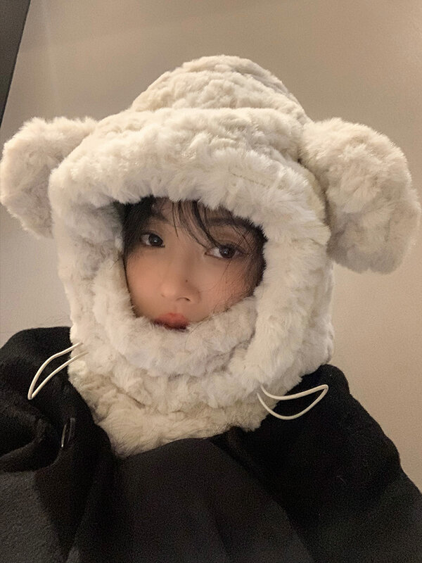 New High Quality Cute Plush Bear Ear Protection Hat Women's Winter Thickened with Velvet Mask Scarf One Bike Warm Neck Hot Sale