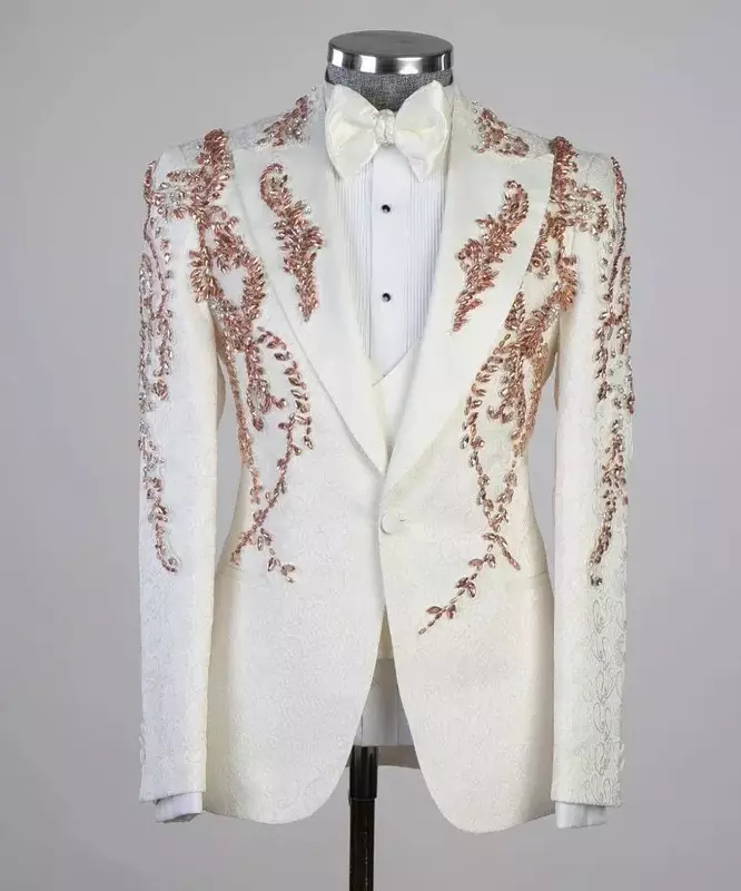 Conjunto de terno jacquard branco masculino, blazer e calça, noivo Crystal Bridge, smoking de casamento, personalizado, jaqueta de baile, casaco de luxo, 2 peças