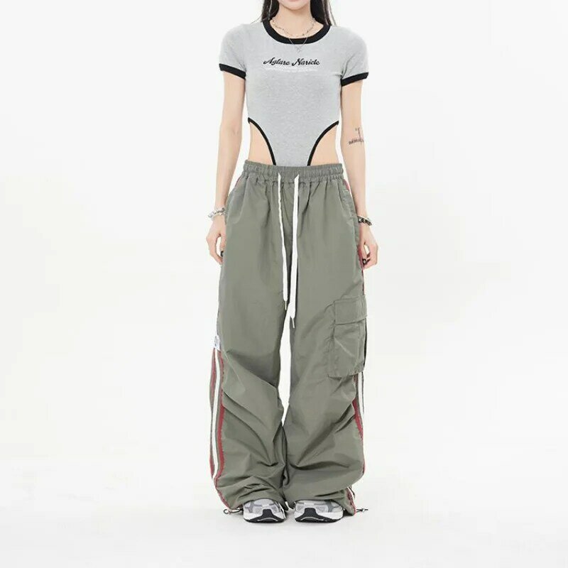 American Trendy Loose Workwear Pants Women Stripe Elastic High Waist Drawstring Pocket Straight Casual Versatile Sports Trousers