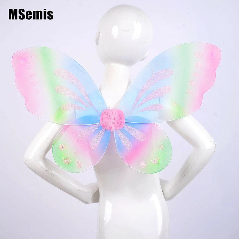 Gaun Mewah Halloween Sayap Kupu-kupu Warna-warni Sayap Malaikat Glitter untuk Anak Perempuan Kostum Putri Peri Elf Properti Fotografi Anak-anak