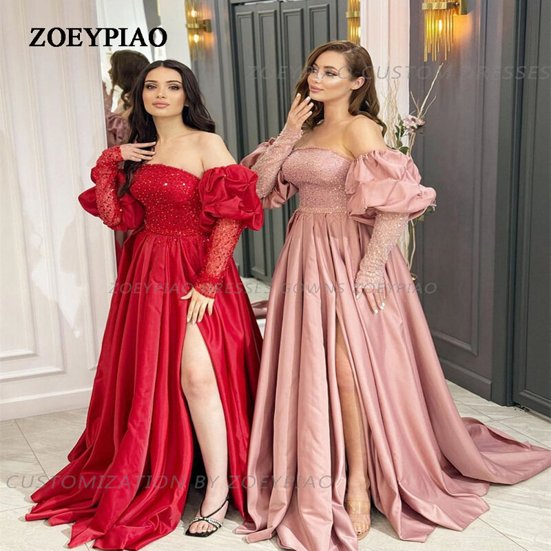 Gaun Prom merah berkilau 2024 gaun malam model bahu terbuka belahan samping manik-manik gaun pesta koktail Arab Saudi ukuran Plus