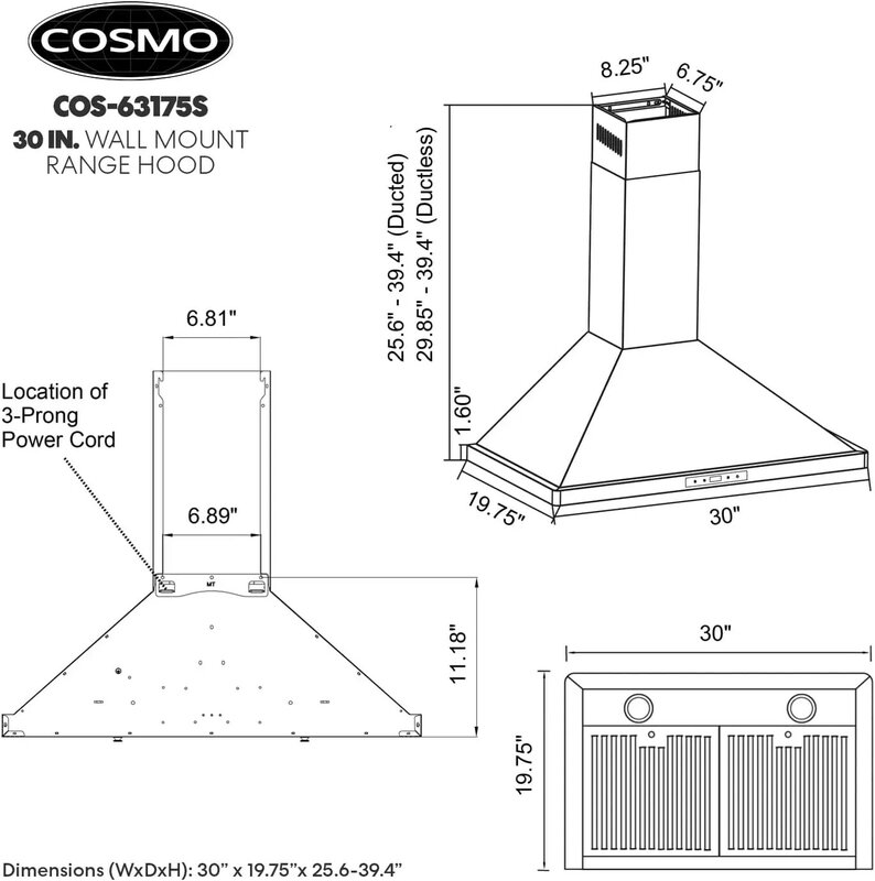 COSMO-Wall Mount Range Hood com duto conversível Ductless, teto estilo chaminé fogão de ventilação, sem kit incluído, 30"