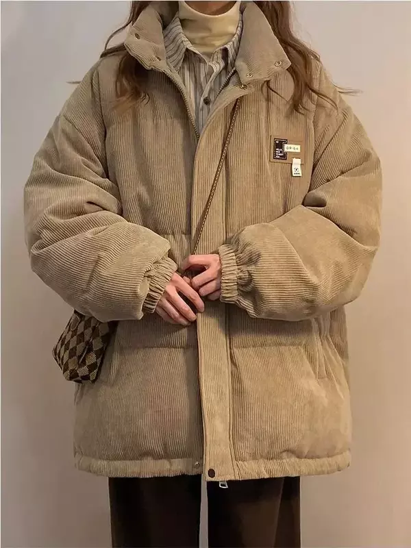 Mantel katun korduroi Korea untuk pria dan wanita di musim dingin mantel katun merek trendi tebal jaket katun kasual longgar atasan y2k