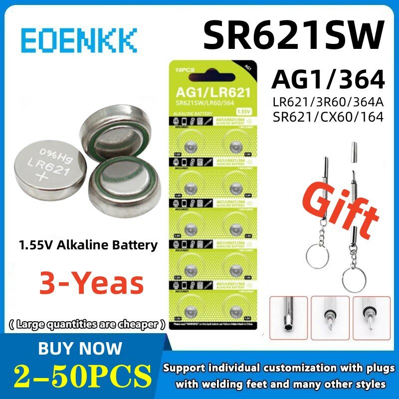 LR621 AG1 1.55V Alkaline Button Battery, SR621SW 364 164 SR60 363 621 SR621 L621 CX60 Coin Cell for Watch Clock Remote