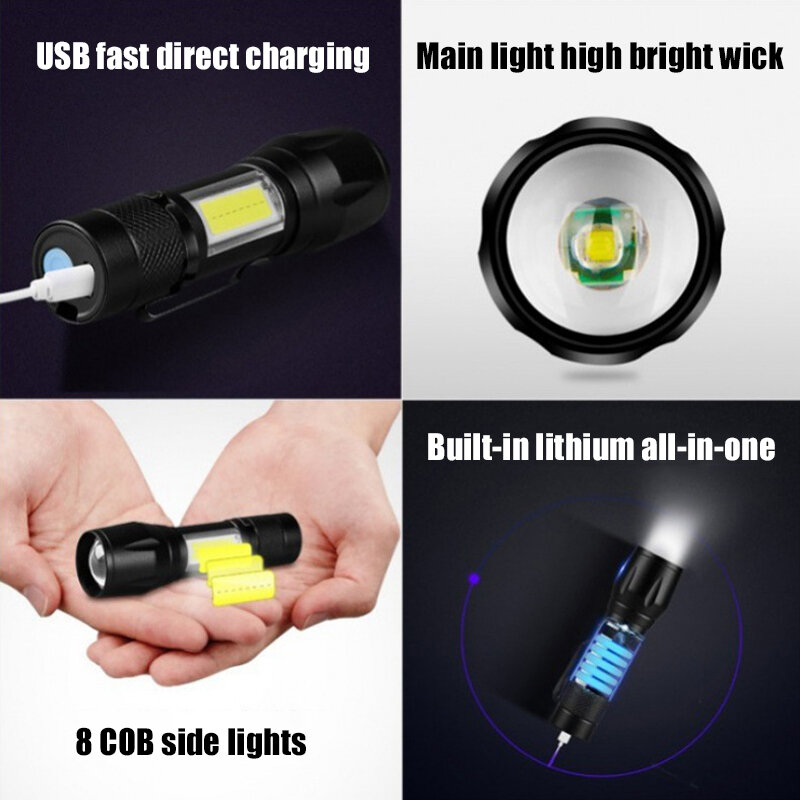 LED 충전식 키체인 손전등, 휴대용 USB 충전 손전등, 보조배터리 캠핑 방수 장거리 랜턴