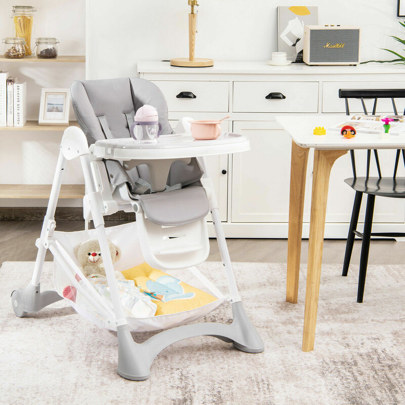 Bebê conversível dobrável ajustável cadeira alta com bandeja de roda cesta de armazenamento cinza ad10007gr