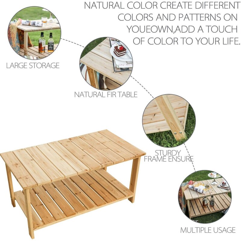 US Outdoor Coffee Table Natural Wood Patio Furniture with 2-Shelf Storage Organizer