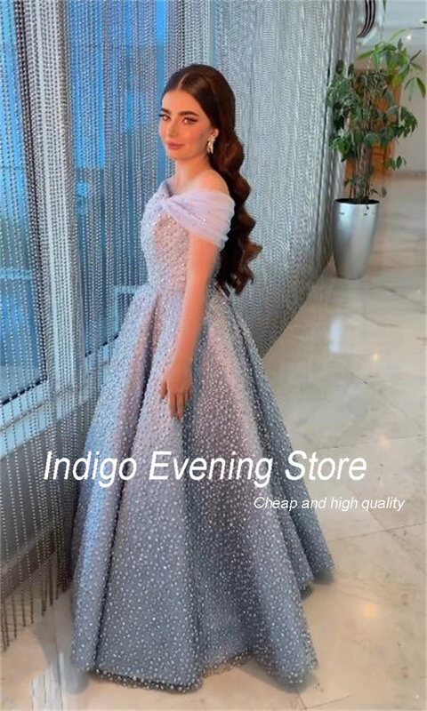 Indigo Prom Dress Off Shoulder A-line Empire Formal Evening Party Dot Dress For Women 2024 فساتين السهرة 칵테일드레스