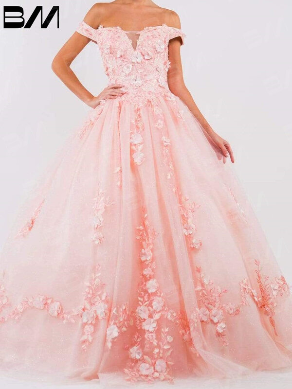 Aplikacja kwiatowa suknia balowa z odkrytymi ramionami sukienka na Quinceanera 2023 3D kwiaty brokat iluzja sukienki koktajlowe