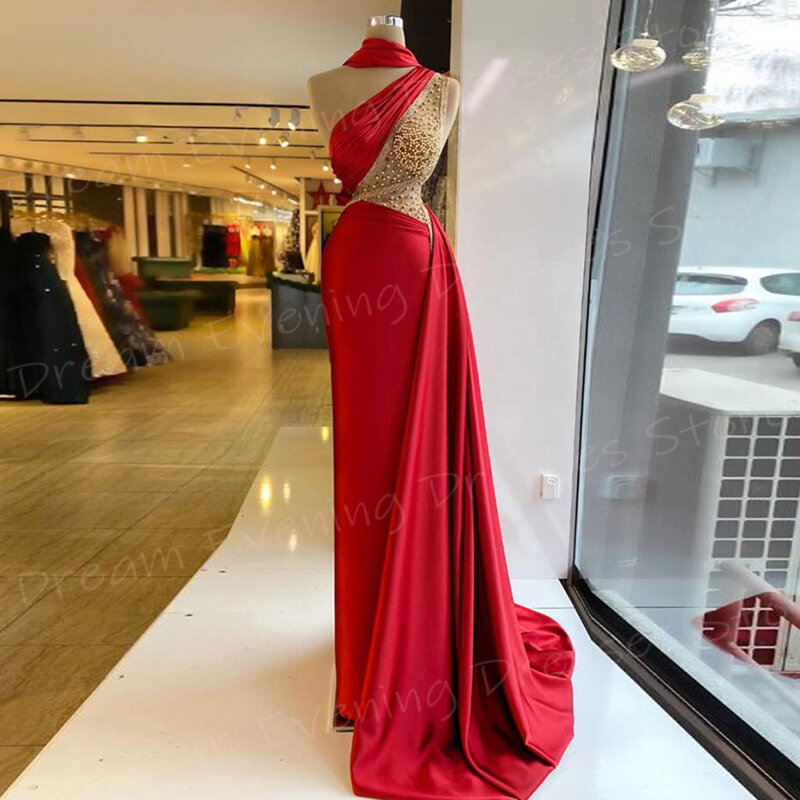 女性のワンショルダービードマーメイドイブニングドレス、パール付き美しいプロムガウン、シンプルな赤、2020