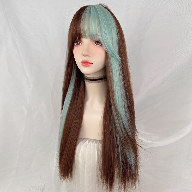 Kaka Wig rambut palsu sintetis untuk wanita, Wig kombinasi Ombre panjang lurus hijau cokelat, Wig Cosplay Lolita, rambut halus untuk pesta sehari-hari