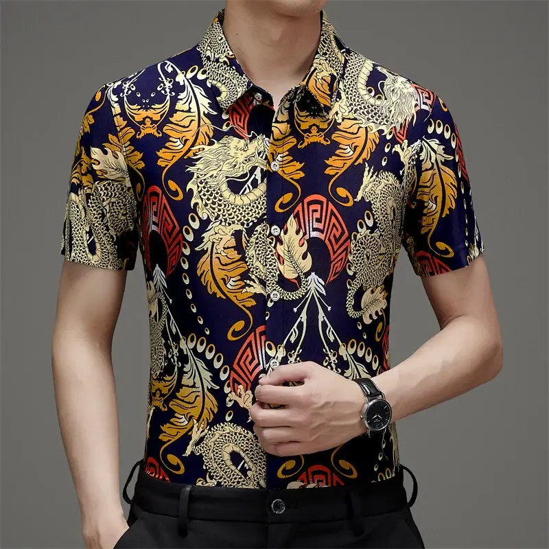 Camisa masculina de seda gelo manga curta estampada, camisa casual estampada, resistente a rugas, verão, nova