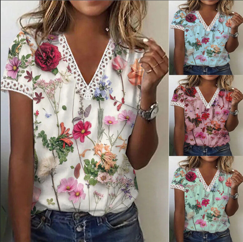Kaus wanita S-3XL, atasan leher V motif bunga renda tepi longgar kasual musim panas 2023