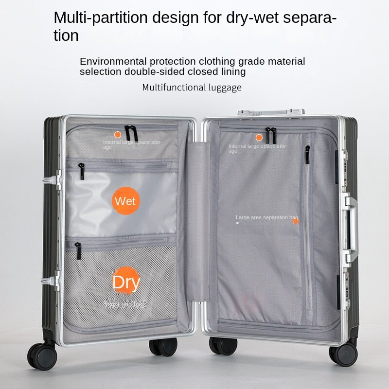 Багажный чемодан на колесиках с алюминиевой рамкой, с открытым отсеком