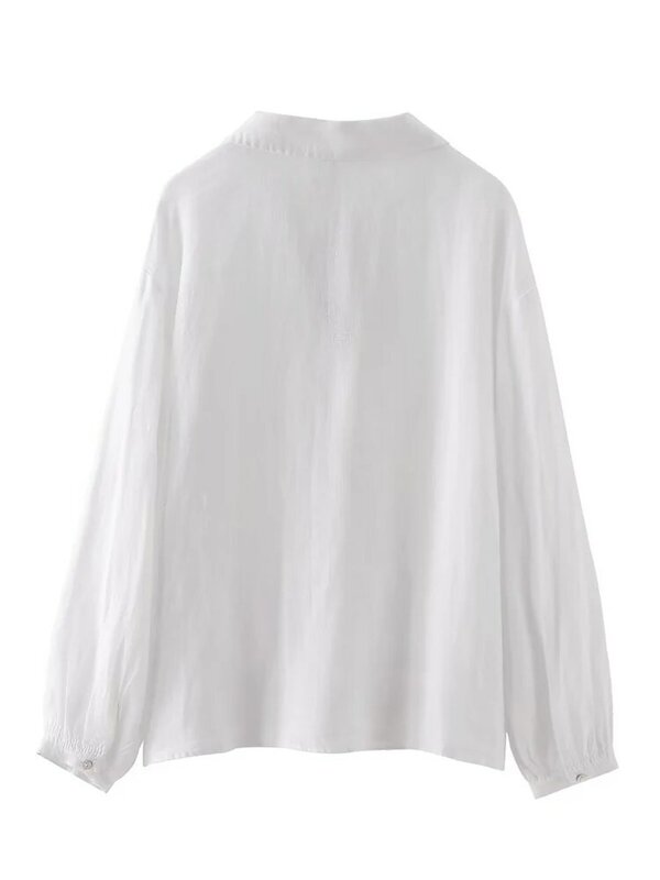 Camisa holgada de lino para mujer, camisa de manga larga con cuello tipo POLO, TRAF-2024 Verano Nuevo Chic, vintage Tops de camisa Puños elásticos blancos