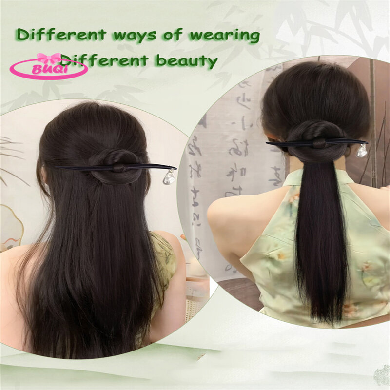 Buqi Nieuwe Chinese Pruik Hanfu Haarverlenging Met Ebonized Hout Haarstokjes Vorken Geïntegreerd Haarknot Paardenstaart Voor Meisjes