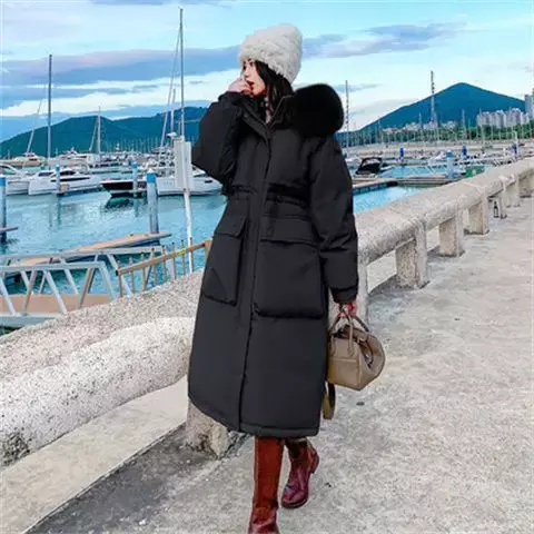 Korean version of winter loose waisted down jacket for women, medium length, large fur collar, fashionable and thickened parka