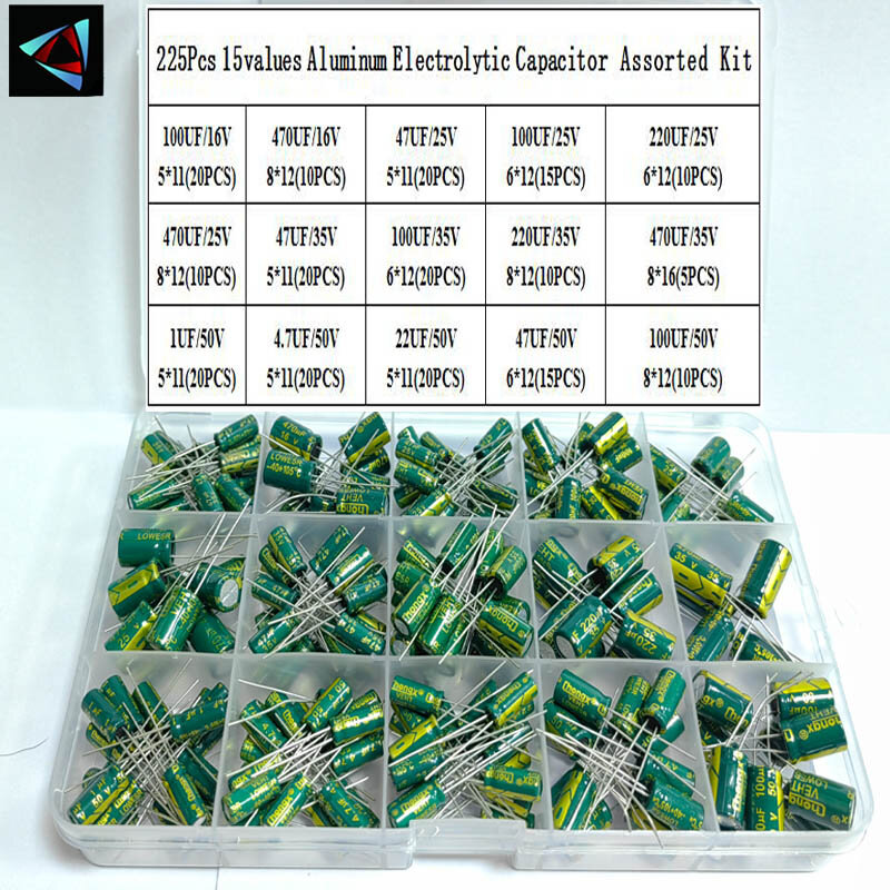 DIP 알루미늄 전해 커패시터 세트, 모듬 키트, 보관량이 낮은 커패시터 세트, 15 가지 값, 16V-50V, 1uF-470uF, 박스 당 225 개