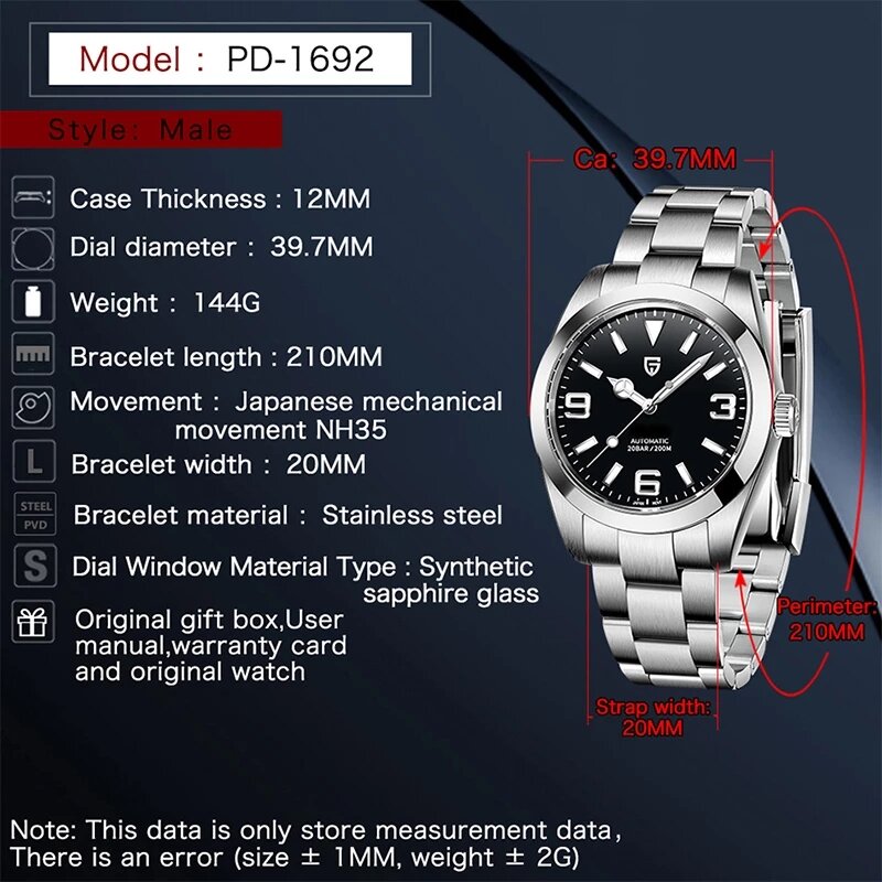 PAGANI DESIGN-reloj mecánico de acero inoxidable para hombre, accesorio de pulsera resistente al agua con mecanismo automático de cristal de zafiro AR, 20bar, PD-1692