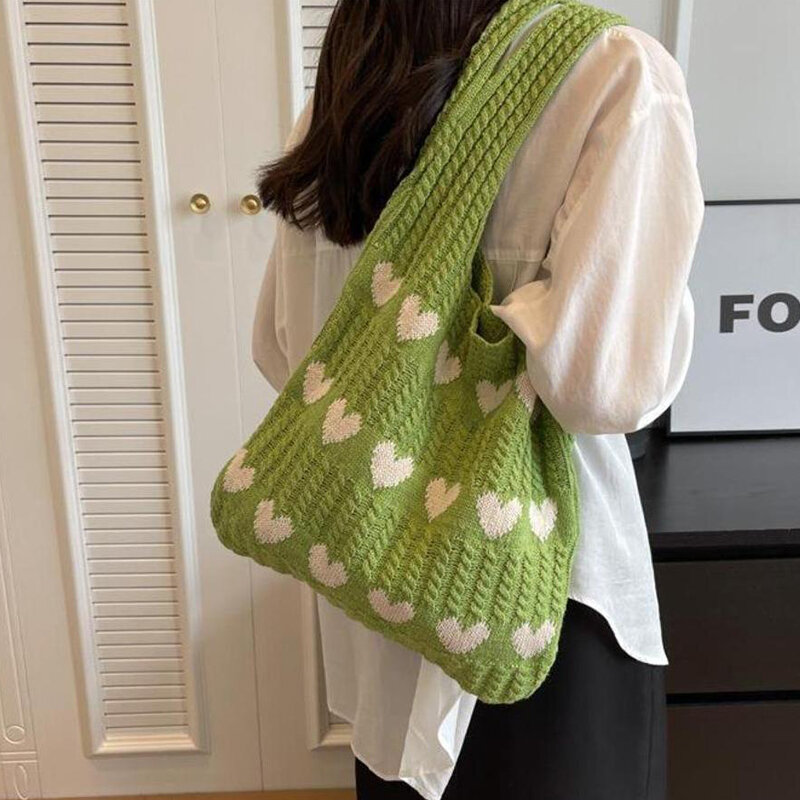 Borsa a maglia da donna borsa a tracolla portatile in lana intrecciata con motivo a cuore d'amore borse per la spesa borse da pendolare giornaliere per studenti lavoratori