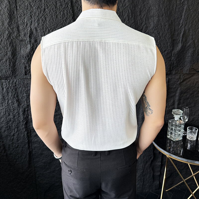 Camisas sem mangas transparentes "sexy" dos homens, slim fit, vestido fino, anti-rugas, roupa de luxo coreana, oco, verão, 4XL