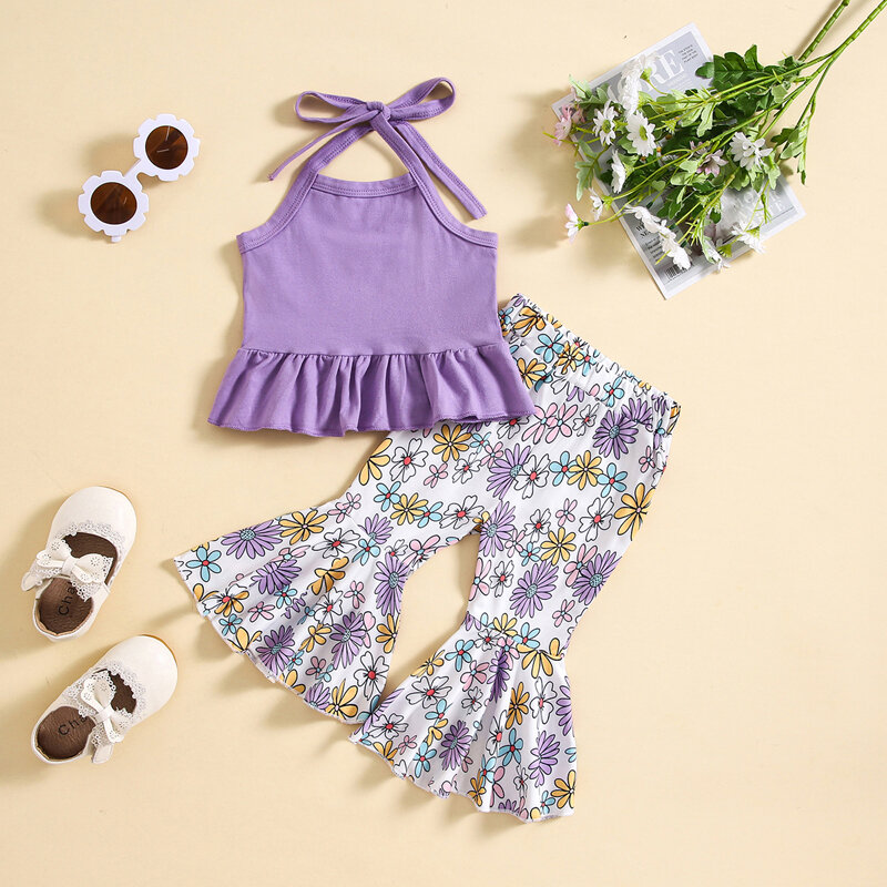 Lioraitiin-roupa de verão para menina, colete sem encosto com estampa de flores, calças flare, roupa para crianças