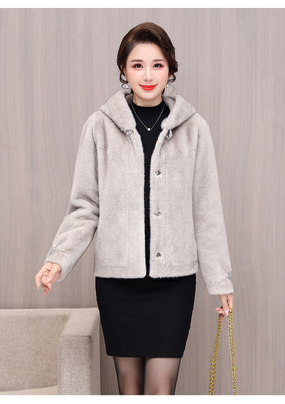 Mink Velvet Casual Coat Women's Fashion Mother's Fur Integrated Short Hooded Autumn And Winter New Wild Loose Warm Coat Female