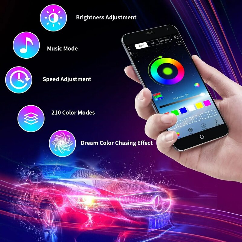 자동차 유연한 언더글로우 스트립 조명, LED 언더바디 원격 앱 제어, RGB 네온 조명, 자동 장식용 분위기 램프