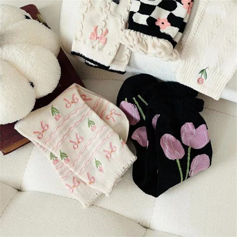 ถุงเท้าลูกไม้สำหรับผู้หญิงถุงเท้าสำหรับฤดูร้อนถุงเท้าผูกโบว์ลายดอกทิวลิปน่ารักระบายอากาศได้ตรงกลาง