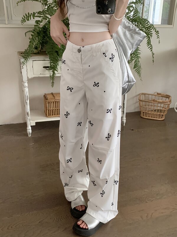 Women's Summer Sweet Bowknot Print Cargo Pants Lady Casual Streetwear High Waist Loose Full Length Pants